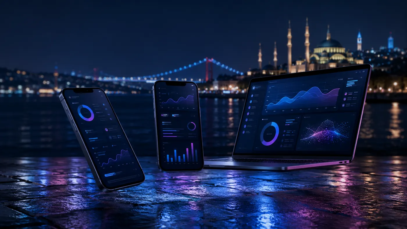 İstanbul silüeti önünde kurumsal yazılım panelleri ve operasyon ekranları