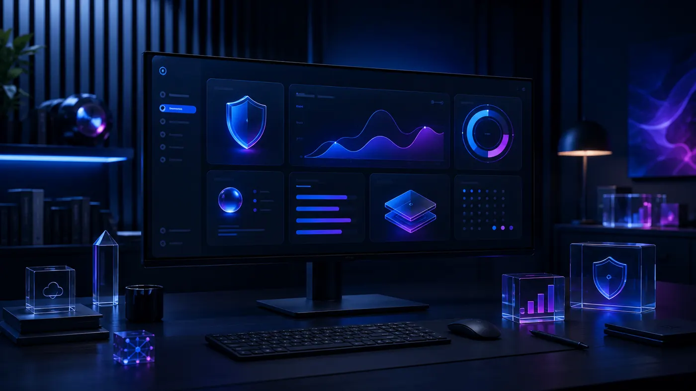 Geliştirme, güvenlik ve analitik modüllerini gösteren kurumsal yazılım dashboard görseli