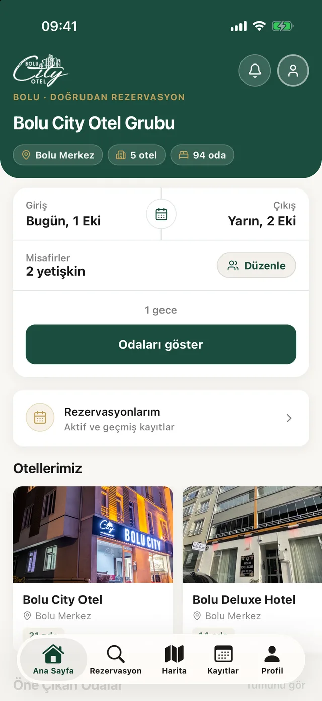 Bolu City Otel uygulama ekranı