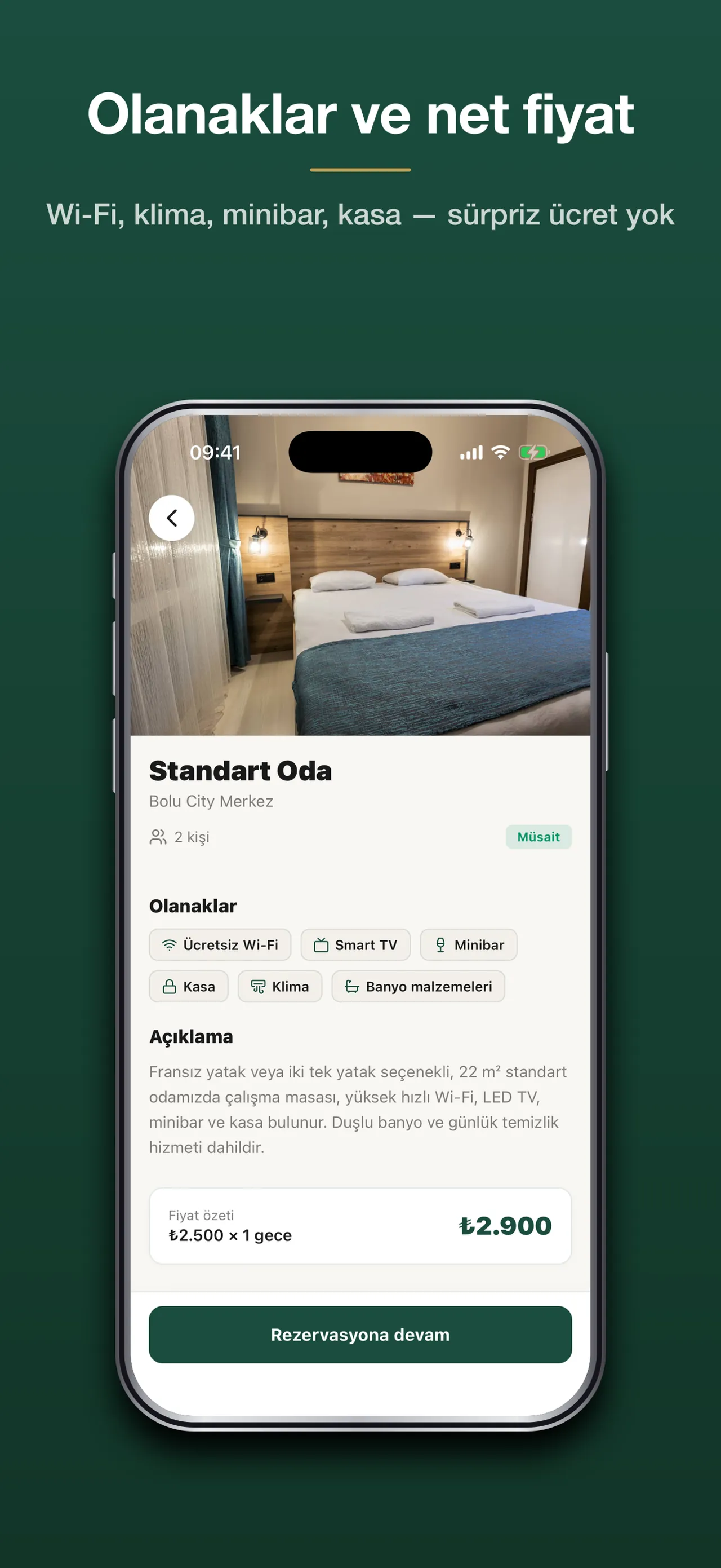 Bolu City Otel uygulamasında oda detay ekranı, olanaklar ve fiyat özeti