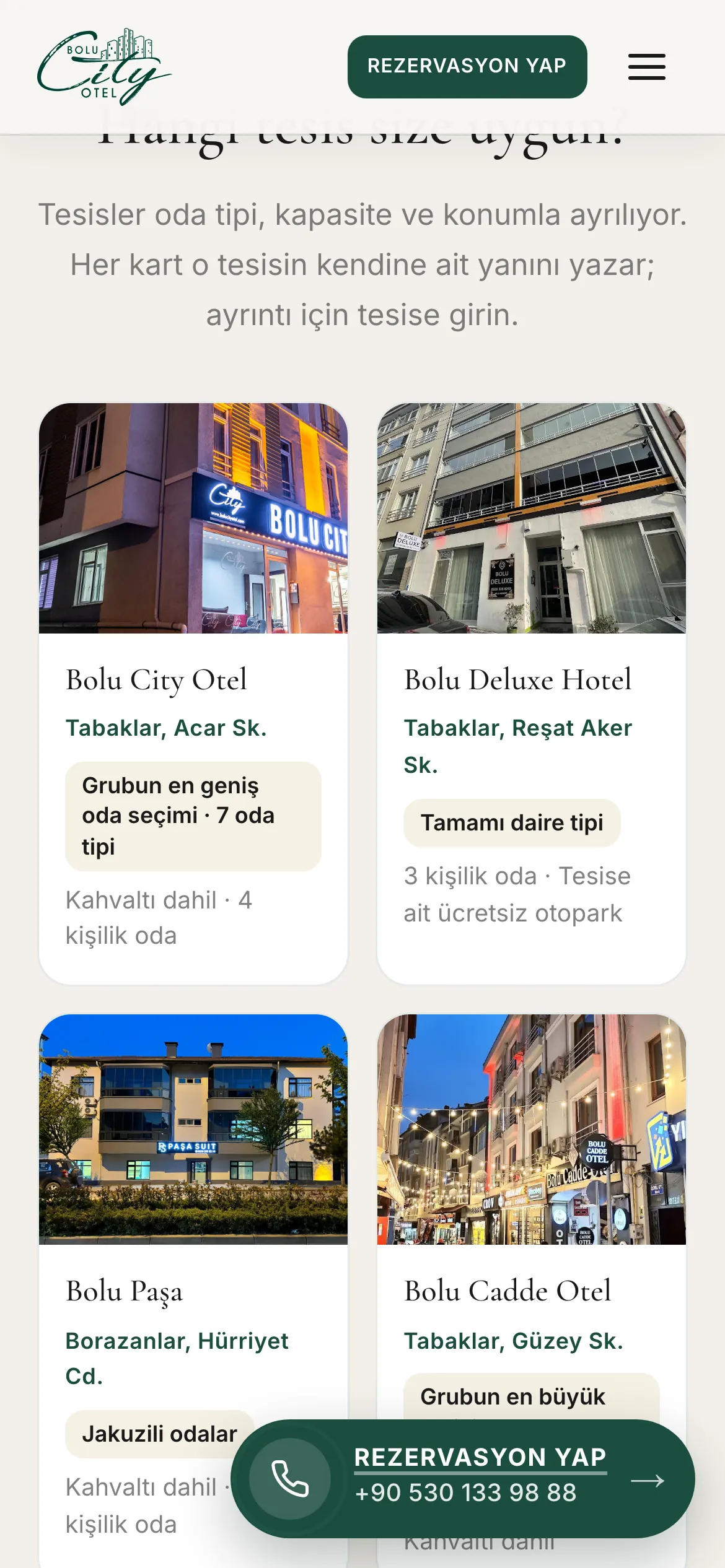 bolucityotel.com mobil görünümde beş tesisin listesi