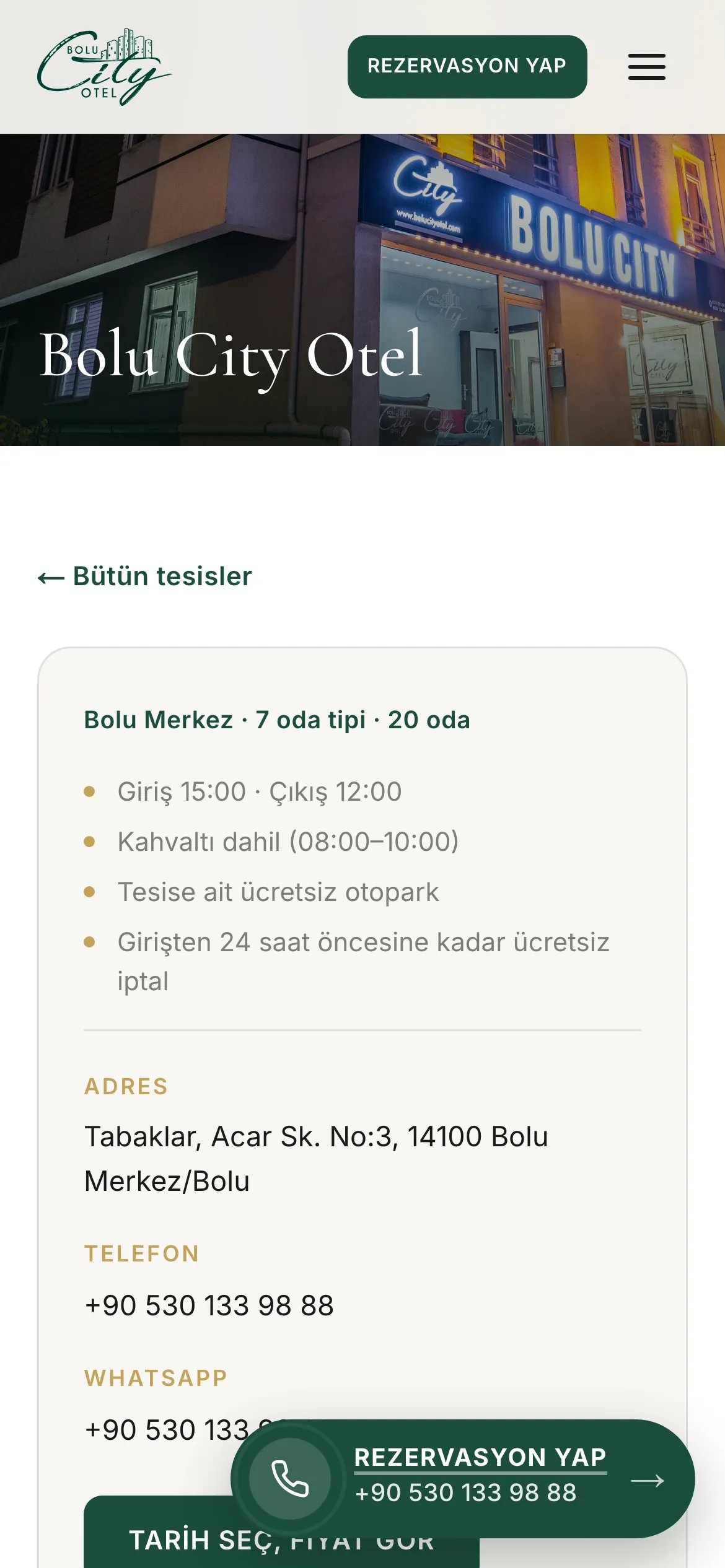 bolucityotel.com mobil görünümde Bolu City Otel tesis sayfası