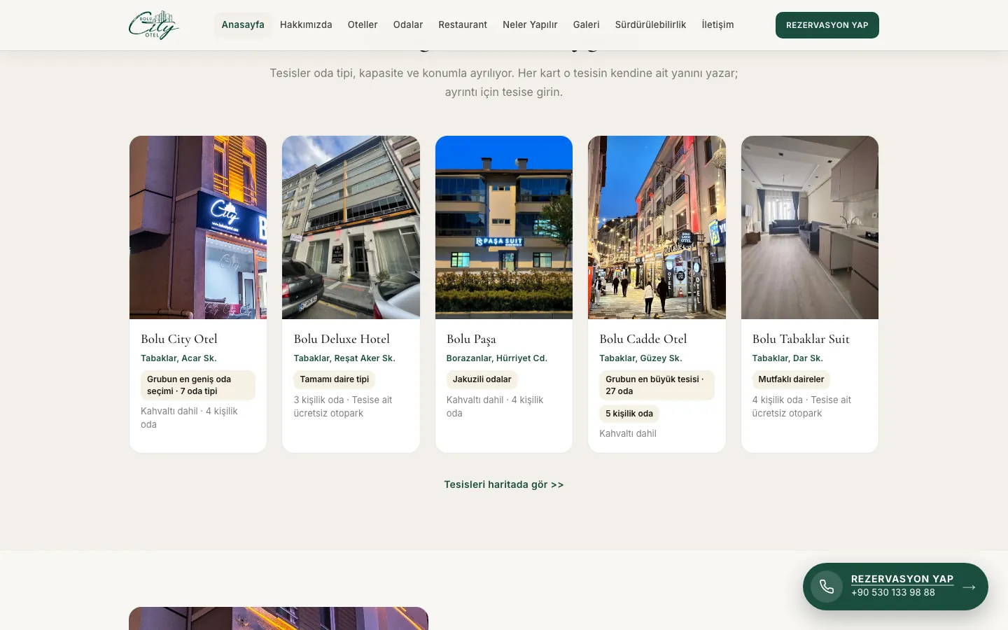 bolucityotel.com ana sayfasında beş tesisin kartları