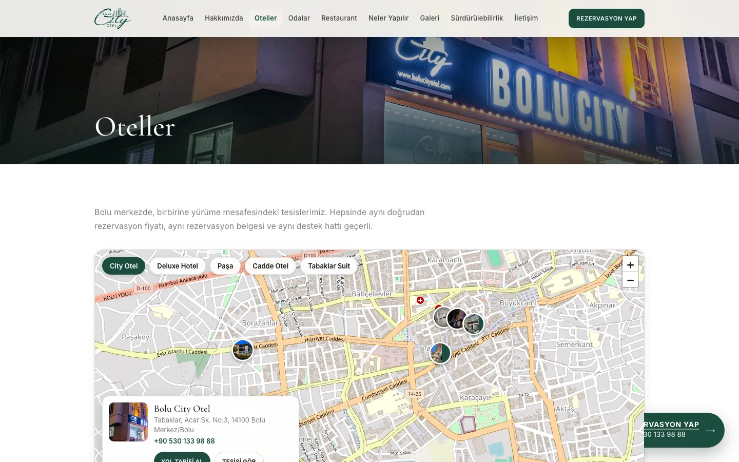 bolucityotel.com oteller sayfasında beş tesisin harita üzerindeki konumu