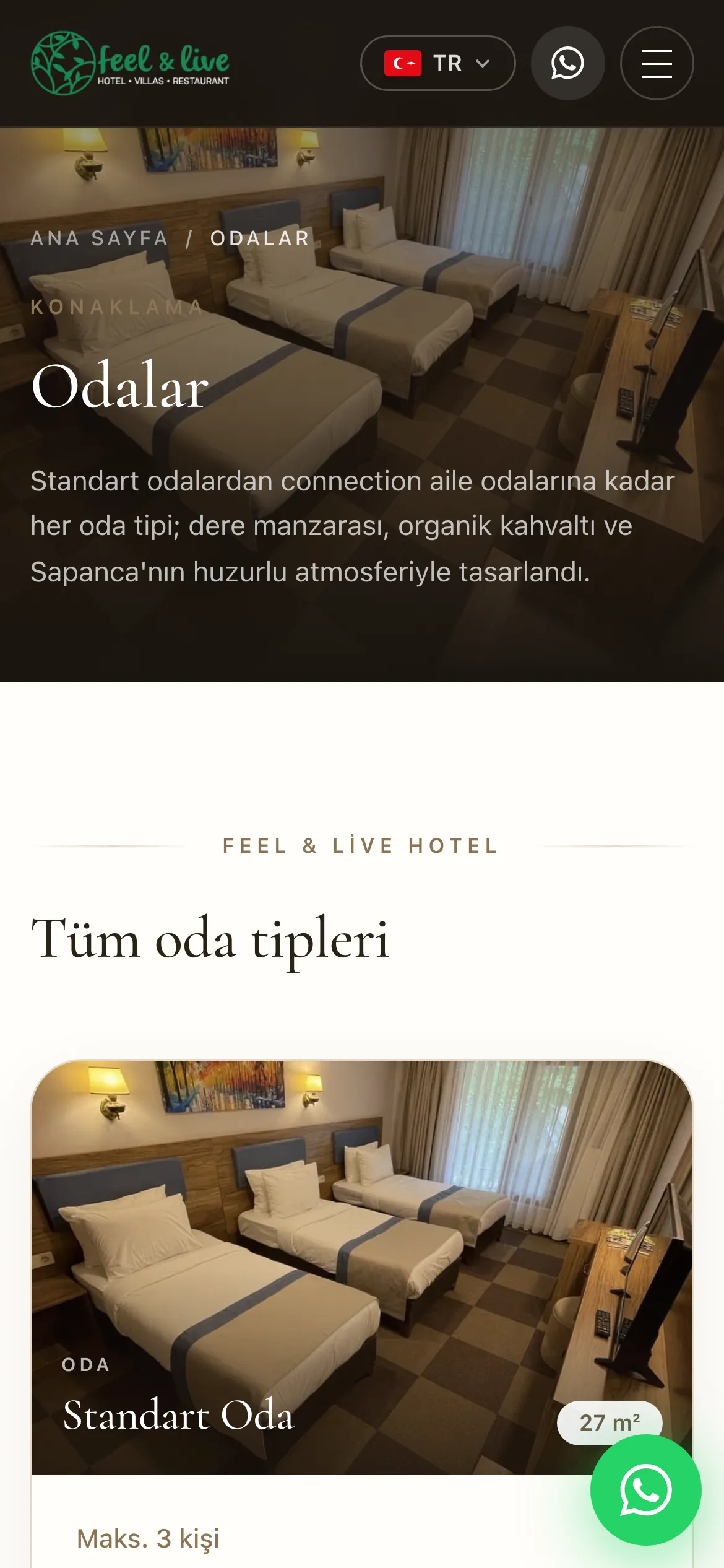 feellivehotel.com mobil odalar sayfası