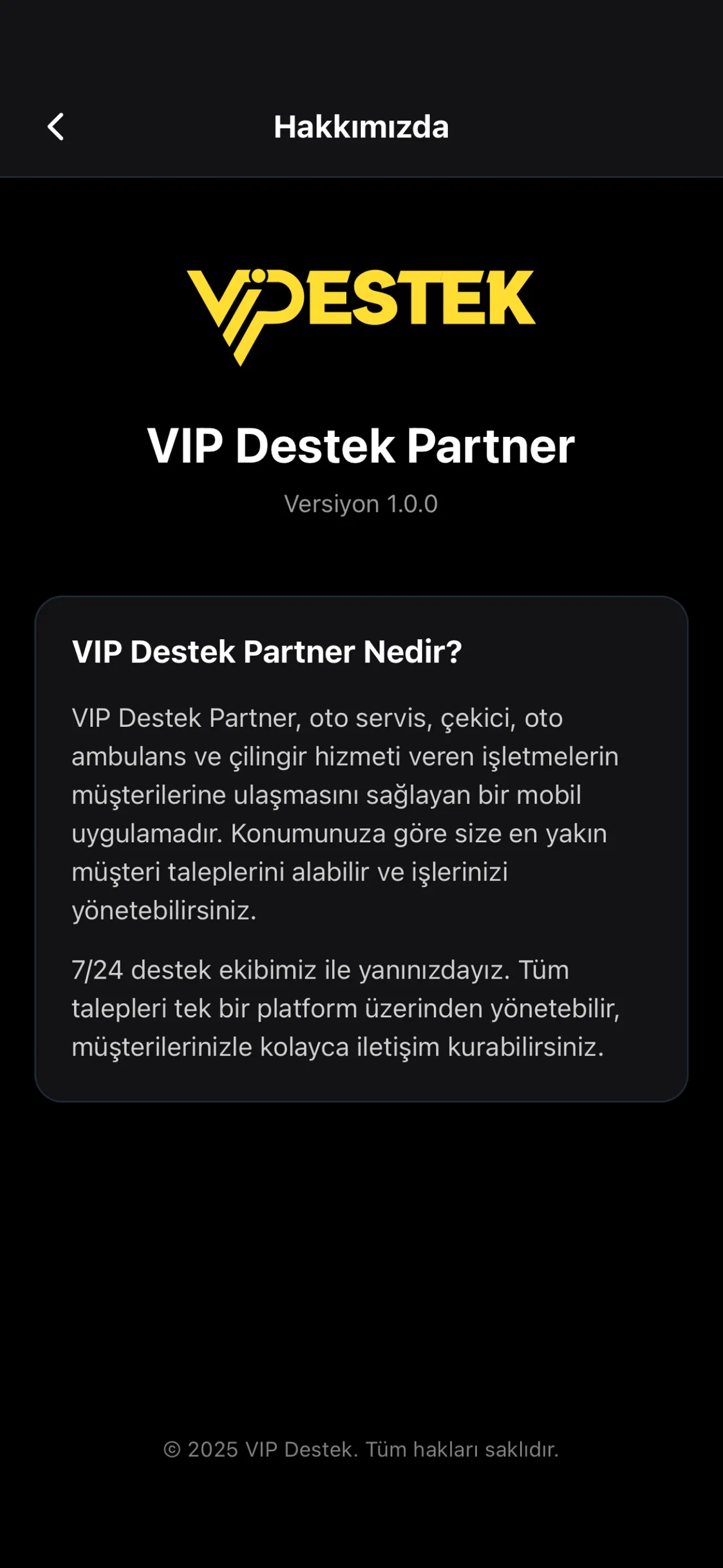 Vip Destek Partner uygulamasının tanıtım ekranı
