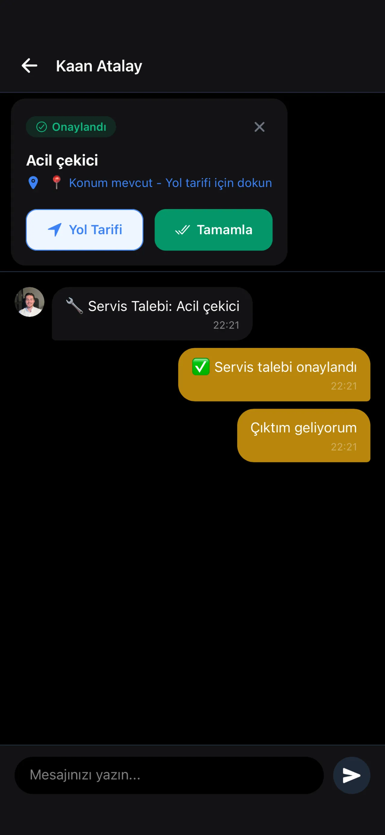 Vip Destek Partner uygulamasında servis talebi mesajlaşması